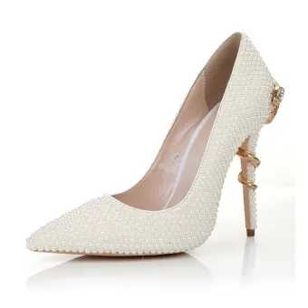 Mode Ivoire Perle Chaussure De Mariée 2020 Cuir 11 Cm Talons Aiguilles À Bout Pointu Mariage Escarpins