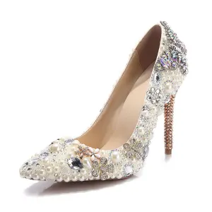 Elegant Ivory Crystal Wedding Shoes 2020 Leather Pearl Rhinestone 11 Cm Stiletto Heels Pointed Toe Wedding Pumps