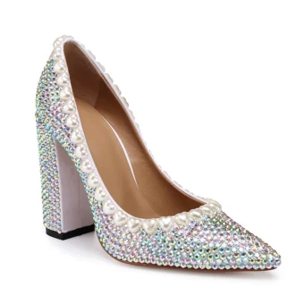 Charmant Multi Couleurs Faux Diamant Chaussure De Mariée 2020 Cuir 10 Cm Talons Épais À Bout Pointu Mariage Escarpins