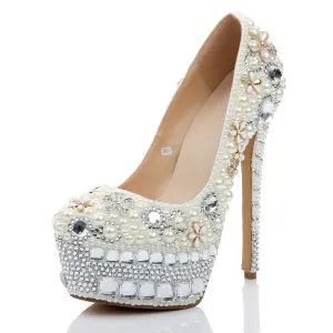 Charming Ivory Wedding Shoes 2020 Leather Pearl Crystal Rhinestone 15 Cm Stiletto Heels Round Toe Wedding Pumps