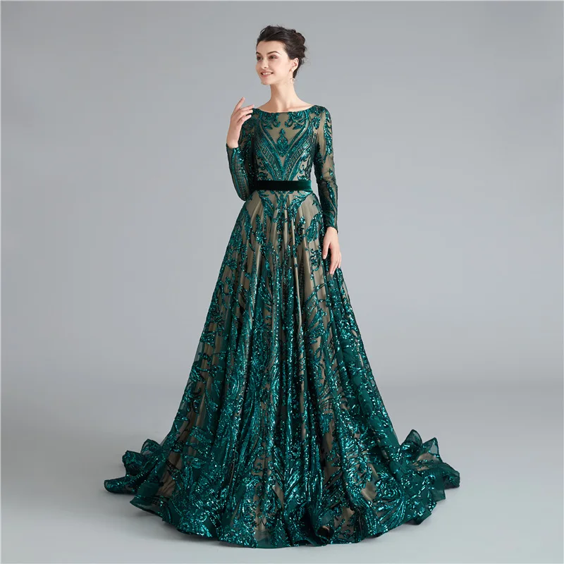 chinese dress ladies Elegant Glitter Green Mermaid Long Sleeve Prom Dress main image 0