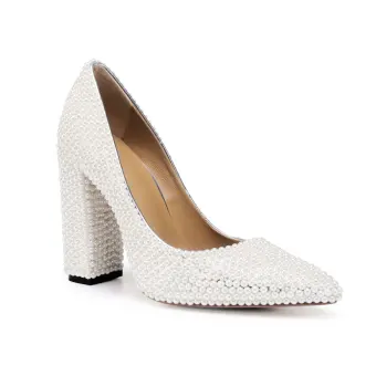 Fashion Ivory Pearl Wedding Shoes 2020 Leather 10 Cm Thick Heels Pointed Toe Wedding Pumps