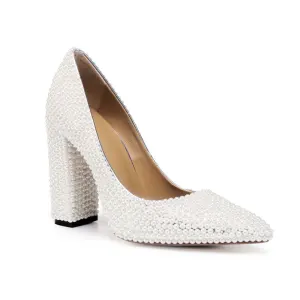 Moda Marfil Perla Zapatos De Novia 2020 Cuero 10 Cm Talones Gruesos Punta Estrecha Boda Tacones