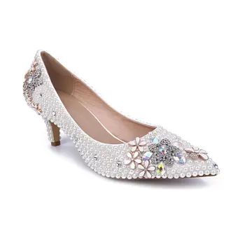 Mode Ivoire Perle Chaussure De Mariée 2020 Cuir Faux Diamant 6 Cm Talons Aiguilles À Bout Pointu Mariage Escarpins