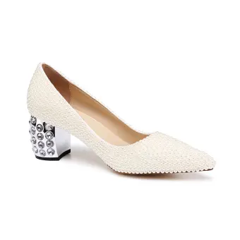 Chic Belle Ivoire Perle Chaussure De Mariée 2020 Cuir Faux Diamant 6 Cm Talons Épais À Bout Pointu Mariage Escarpins