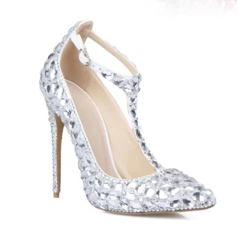 Charmant Argenté Cristal Chaussure De Mariée 2020 Cuir Faux Diamant T Strap 11 Cm Talons Aiguilles Mariage À Bout Pointu Escarpins