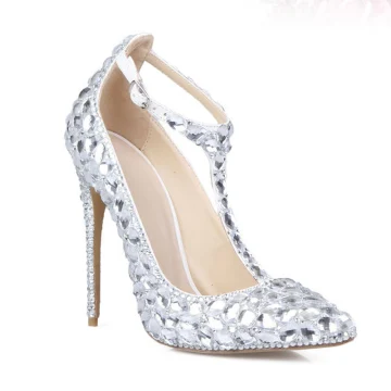 Charmant Argenté Cristal Chaussure De Mariée 2020 Cuir Faux Diamant T Strap 11 Cm Talons Aiguilles Mariage À Bout Pointu Escarpins