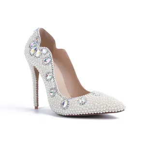 Mode Ivoire Perle Chaussure De Mariée 2020 Cuir Cristal 10 Cm Talons Aiguilles À Bout Pointu Mariage Escarpins