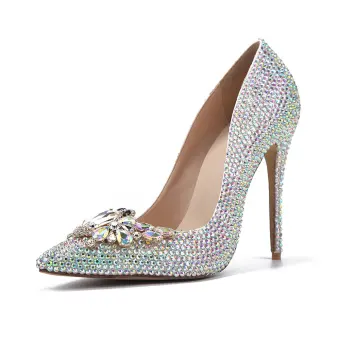 Charmant Multi Couleurs Cristal Chaussure De Mariée 2020 Cuir Faux Diamant 11 Cm Talons Aiguilles À Bout Pointu Mariage Escarpins