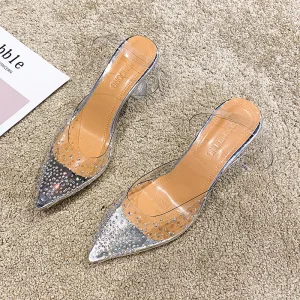 Transparent Silver Casual Rhinestone Sandaler Dam 2020 9 Cm Stilettklackar Spetsiga Sandaler