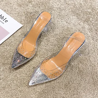 Transparent Silver Casual Rhinestone Womens Sandals 2020 9 Cm Stiletto Heels Pointed Toe Sandals