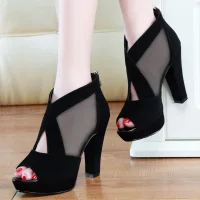 Erschwinglich Schwarz Freizeit Sandalen Damen 2020 10 cm Thick Heels Peeptoes Sandaletten