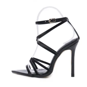 Sexy Svart Casual Sandaler Dame 2020 Ankelstropp 9 Cm Stiletthæler Peep Toe Sandaler