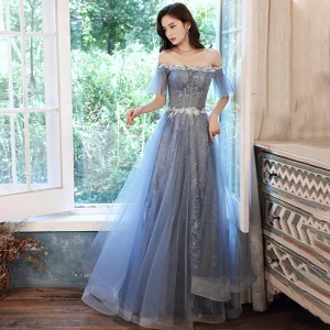 Encantador Azul Cielo Vestidos De Noche Vestidos De Gala 2021 A Line Princess Fuera Del Hombro Glitter Lentejuelas Manga Corta Sin Espalda Largos Noche Gala Vestidos Formales