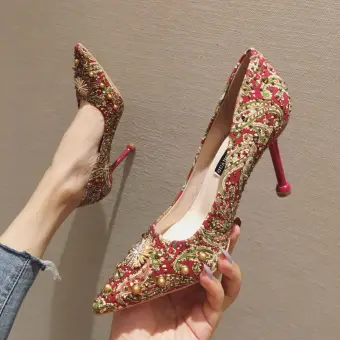 Traditional Fancy Red Evening Party Pumps 2020 Rivet Rhinestone 9 Cm Stiletto Heels Pointed Toe Pumps