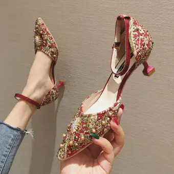 Traditional Fancy Red Evening Party Womens Shoes 2020 Rivet Rhinestone 7 Cm Stiletto Heels Pointed Toe High Heels