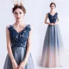 Elegant Navy Blue Evening Dresses  Sequins 2020 A-Line / Princess Ruffle V-Neck Beading Crystal Sleeveless Backless Floor-Length / Long Formal Dresses