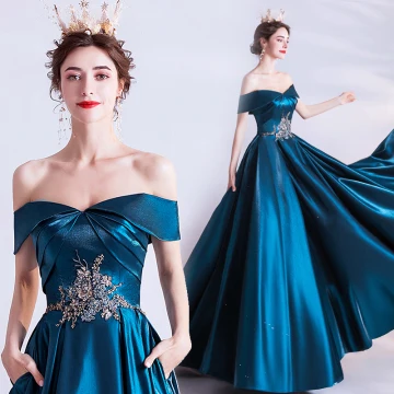 Vintage Retro Ink Blue Evening Dresses 2020 A Line Princess Off The Shoulder Beading Pearl Lace Flower Short Sleeve Backless Floor Length Long Formal Dresses