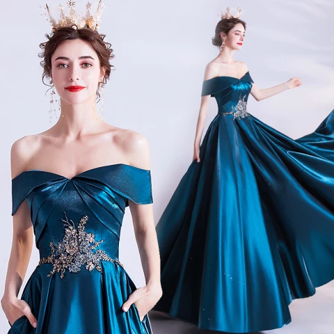 Vintage / Retro Ink Blue Evening Dresses  2020 A-Line / Princess Off-The-Shoulder Beading Pearl Lace Flower Short Sleeve Backless Floor-Length / Long Formal Dresses