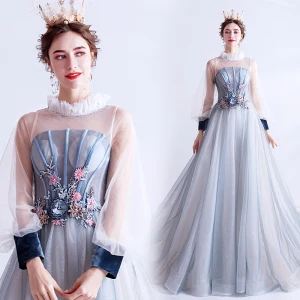 Vintage Blomsterfe Himmelen Blå Ballkjoler 2020 Prinsesse Buste Høy Hals Perle Rhinestone Paljetter Blomst Blonder Langermede Ryggløse Domstol Tog Formelle Kjoler