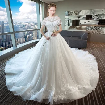 Chic Belle Ivoire Robe De Mariée 2018 Robe Boule En Dentelle Perlage Paillettes Encolure Dégagée Dos Nu Manches Courtes Cathedral Train Mariage
