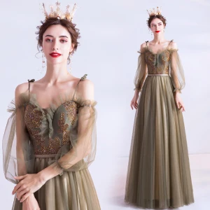 Vintage Retro Clover Green Prom Dresses 2020 A Line Princess Spaghetti Straps Beading 3 4 Sleeve Backless Floor Length Long Formal Dresses