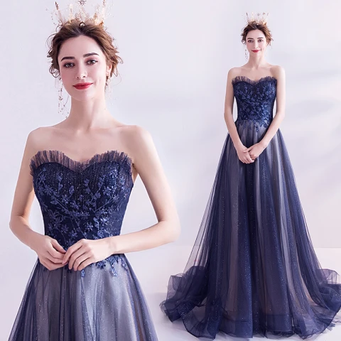 Charming Navy Blue Evening Dresses  2020 A-Line / Princess Strapless Glitter Sequins Sleeveless Backless Sweep Train Formal Dresses