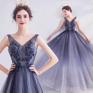 Charmant Bleu Marine Robe De Soirée 2020 Princesse V Cou Glitter Perlage Paillettes En Dentelle Fleur Sans Manches Dos Nu Longue Robe De Ceremonie