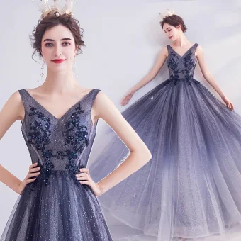 Charmant Bleu Marine Robe De Soirée 2020 Princesse V Cou Glitter Perlage Paillettes En Dentelle Fleur Sans Manches Dos Nu Longue Robe De Ceremonie
