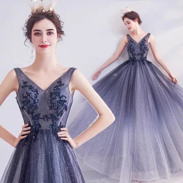 Charmant Bleu Marine Robe De Soirée 2020 Princesse V Cou Glitter Perlage Paillettes En Dentelle Fleur Sans Manches Dos Nu Longue Robe De Ceremonie