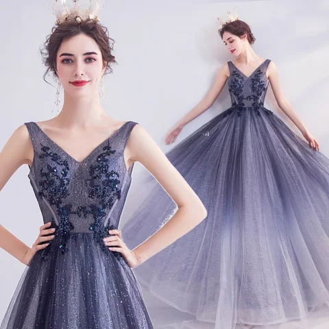 Charming Navy Blue Evening Dresses  2020 A-Line / Princess V-Neck Glitter Beading Sequins Lace Flower Sleeveless Backless Floor-Length / Long Formal Dresses
