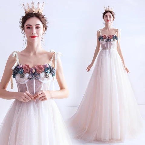 Flower Fairy Ivory Prom Dresses 2020 A-Line / Princess Spaghetti Straps Appliques Sleeveless Backless Sweep Train Formal Dresses