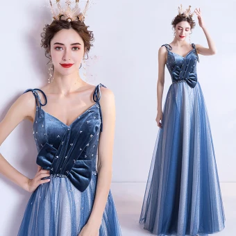 Chic Belle Océan Bleu Robe De Soirée 2020 Princesse Bretelles Spaghetti Glitter Perlage Daim Sans Manches Dos Nu Longue Robe De Ceremonie