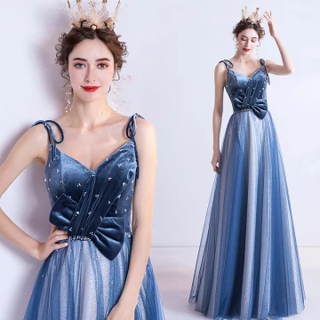 Chic Belle Océan Bleu Robe De Soirée 2020 Princesse Bretelles Spaghetti Glitter Perlage Daim Sans Manches Dos Nu Longue Robe De Ceremonie