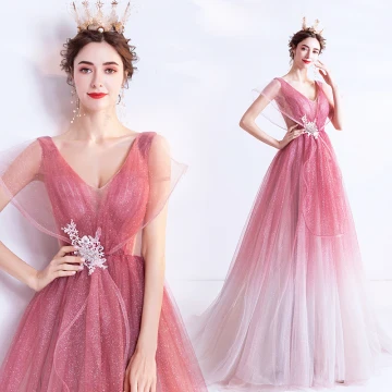 Fashion Candy Pink Gradient Color Evening Dresses 2020 A Line Princess V Neck Glitter Rhinestone Lace Flower Sleeveless Backless Sweep Train Formal Dresses
