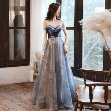 Mode Océan Bleu Robe De Bal Robe De Soirée 2021 Princesse Encolure Dégagée Perlage Faux Diamant Paillettes Sans Manches Dos Nu Longue Soirée Robe De Ceremonie