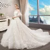 Elegant Champagne Wedding Dresses 2018 Ball Gown Lace Star Pearl Scoop Neck Backless Short Sleeve Royal Train Wedding