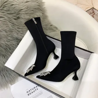 Chic Beautiful Black Casual Womens Boots 2020 Rhinestone 5 Cm Stiletto Heels Pointed Toe Boots