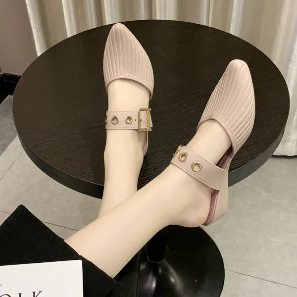 Affordable Modest / Simple Beige Casual Womens Sandals 2020 Buckle Pointed Toe Flat Sandals