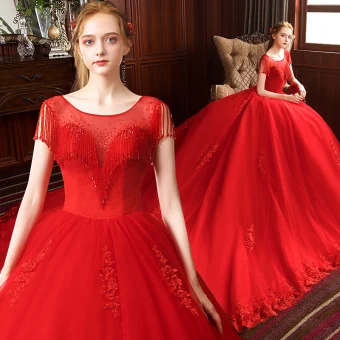 Charmant Rouge Robe De Mariée 2020 Robe Boule Encolure Dégagée Perlage Gland En Dentelle Fleur Sans Manches Dos Nu Royal Train