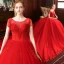 Charmant Rouge Robe De Mariée 2020 Robe Boule Encolure Dégagée Perlage Gland En Dentelle Fleur Sans Manches Dos Nu Royal Train