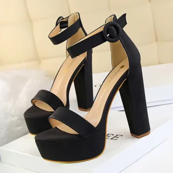 Affordable Black Rave Club Womens Sandals 2020 13 Cm Thick Heels Open Peep Toe Ankle Strap Sandals