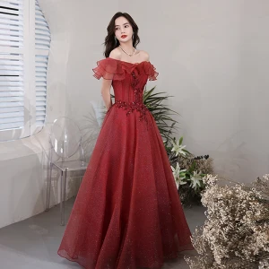 Chic Belle Bordeaux Glitter Robe De Soirée Robe De Bal 2021 Princesse De L 039 Épaule Perlage Paillettes Manches Courtes Dos Nu Longue Soirée Promo Robe De Ceremonie