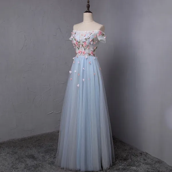 Chic / Beautiful Sky Blue Prom Dresses 2018 A-Line / Princess Appliques ...