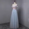 Chic / Beautiful Sky Blue Prom Dresses 2018 A-Line / Princess Appliques Crystal Pleated Off-The-Shoulder Backless Short Sleeve Floor-Length / Long Formal Dresses