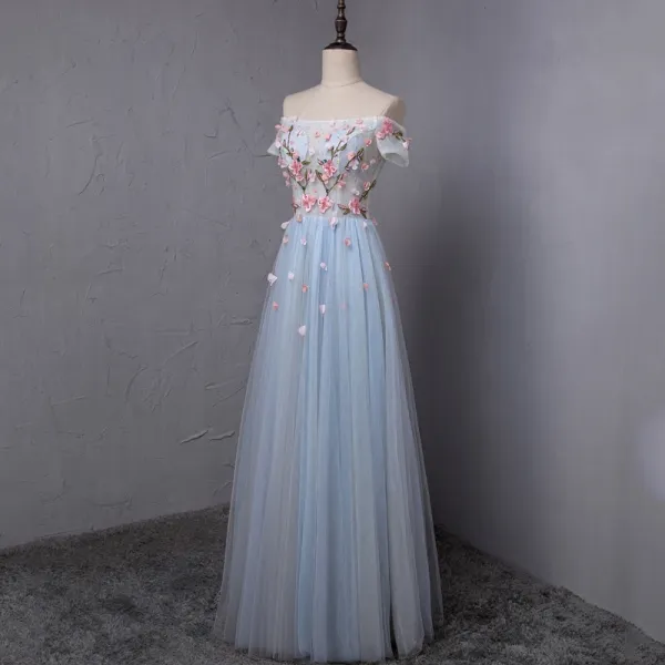 Chic / Beautiful Sky Blue Prom Dresses 2018 A-Line / Princess Appliques Crystal Pleated Off-The-Shoulder Backless Short Sleeve Floor-Length / Long Formal Dresses