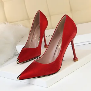 Chic Belle Rouge Promo Escarpins 2020 Satin 10 Cm Talons Aiguilles À Bout Pointu Escarpins