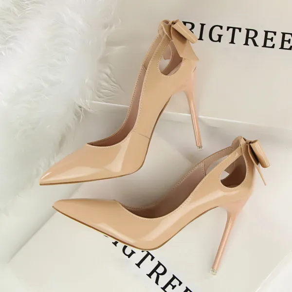 Lovely Nude Dating Bow Pumps 2020 Patent Leather 10 cm Stiletto Heels Pointed Toe Pumps