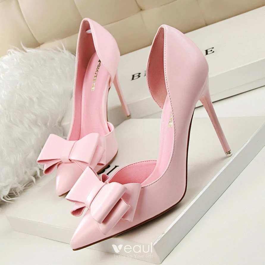 Charmant Rose Bonbon Rendez vous Chaussures Femmes 2020 Noeud 10 cm Talons Aiguilles A Bout Pointu Talons Hauts