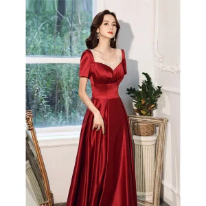 Elegant Burgundy Satin Evening Dresses 2021 A Line Princess Sash Scoop Neck Short Sleeve Backless Tea Length Evening Party Formal Dresses